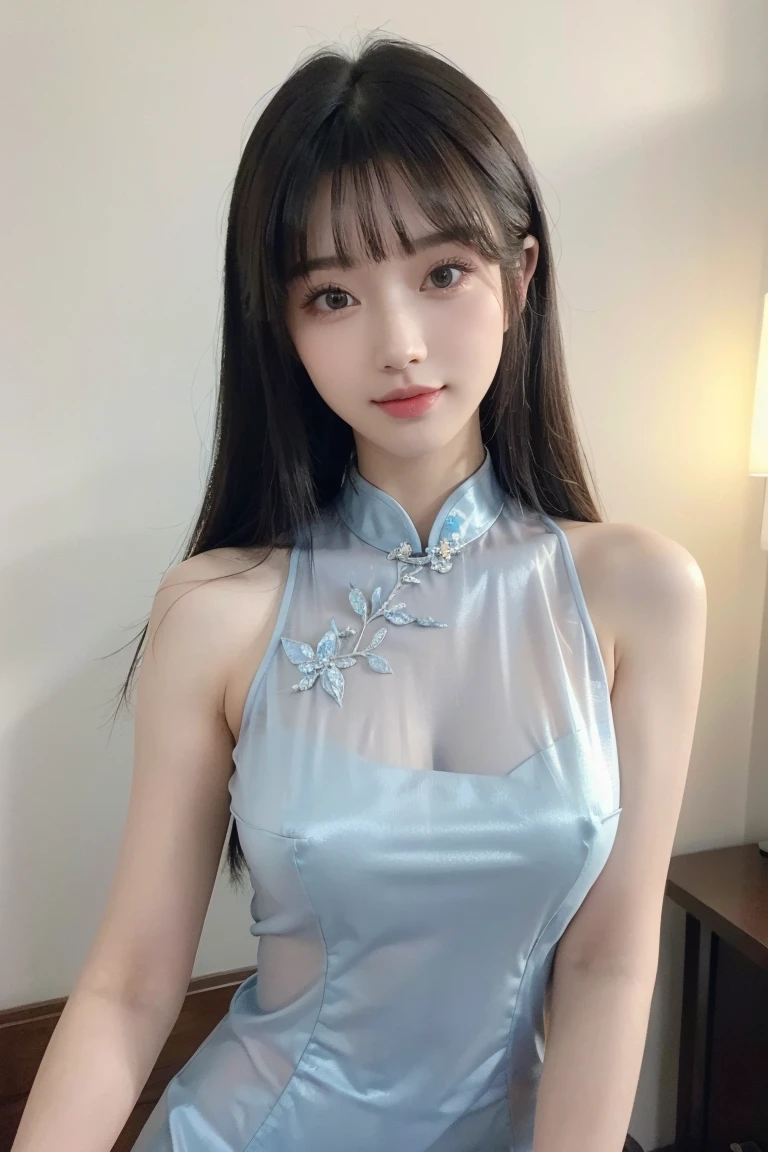 ((masterpiece、best quality))、shape、super detailed、8k、actual、sharp focus、Very detailed、professional lighting、spotlight、Colorful details、Detailed texture,A stunningly beautiful girl,Wearing a transparent cheongsam,(most suitable hairstyle:1.4)、(in the most helpful way:1.3)、(Half-length photo:1.4)、big breasts、perfect style、Body、18 years old、Smile、