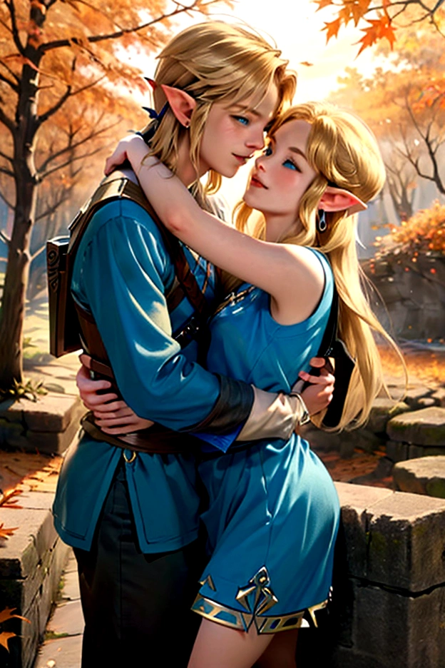 ((artwork)), (Highest quality), (detailed), ((1 boy)), (Link to the Legend of Zelda), smile, A short blonde, blue-eyed boy and a long-haired, blonde girl are embracing each other in the autumn leaves、Autumn scenery、Embrace each other、kiss