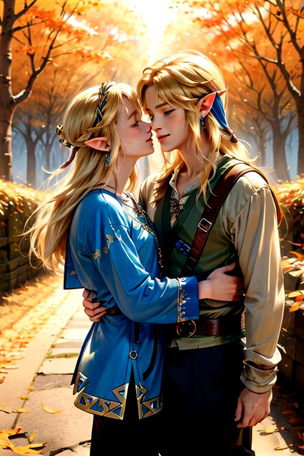 ((artwork)), (Highest quality), (detailed), ((1 boy)), (Link to the Legend of Zelda), smile, A short blonde, blue-eyed boy and a long-haired, blonde girl are embracing each other in the autumn leaves、Autumn scenery、Embrace each other、kiss