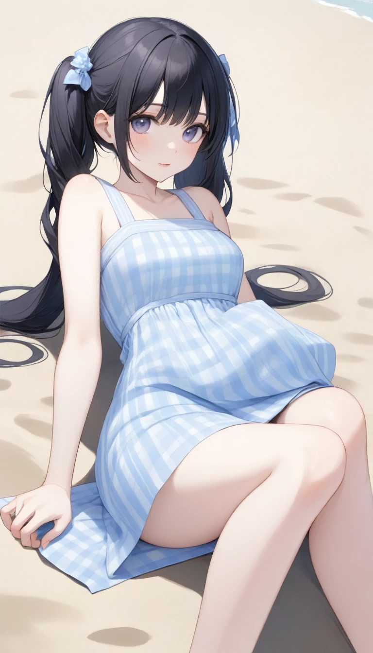 A black-haired girl sitting and lying on the beach、Pigtails、Sitting with legs crossed、summer、日本のsummerらしい淡いブルーマリン色の浴衣、A pale purple and pale white Japanese-style check pattern、Pale blue band