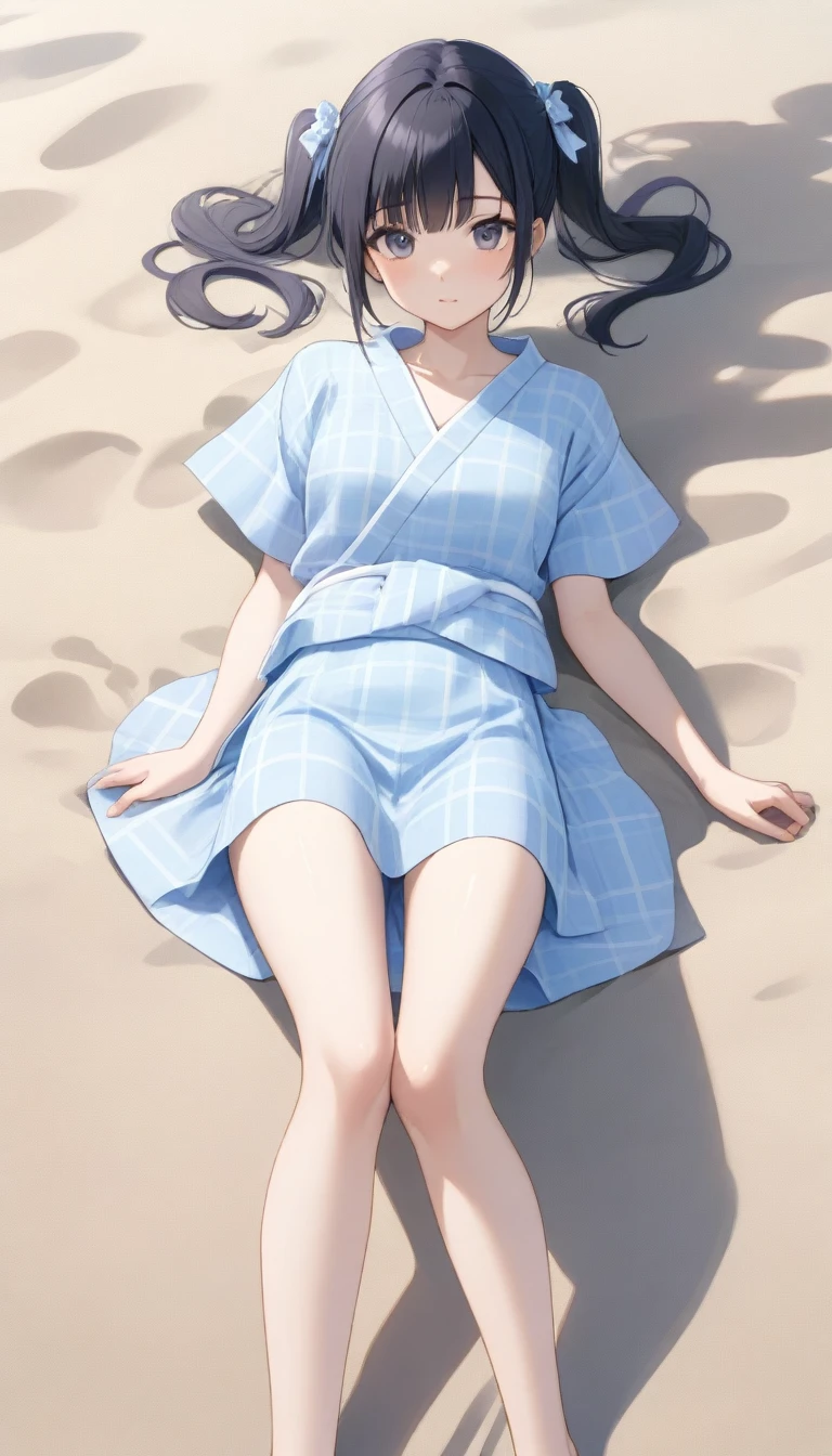 A black-haired girl sitting and lying on the beach、Pigtails、Sitting with legs crossed、summer、日本のsummerらしい淡いブルーマリン色の浴衣、A pale purple and pale white Japanese-style check pattern、Pale blue band