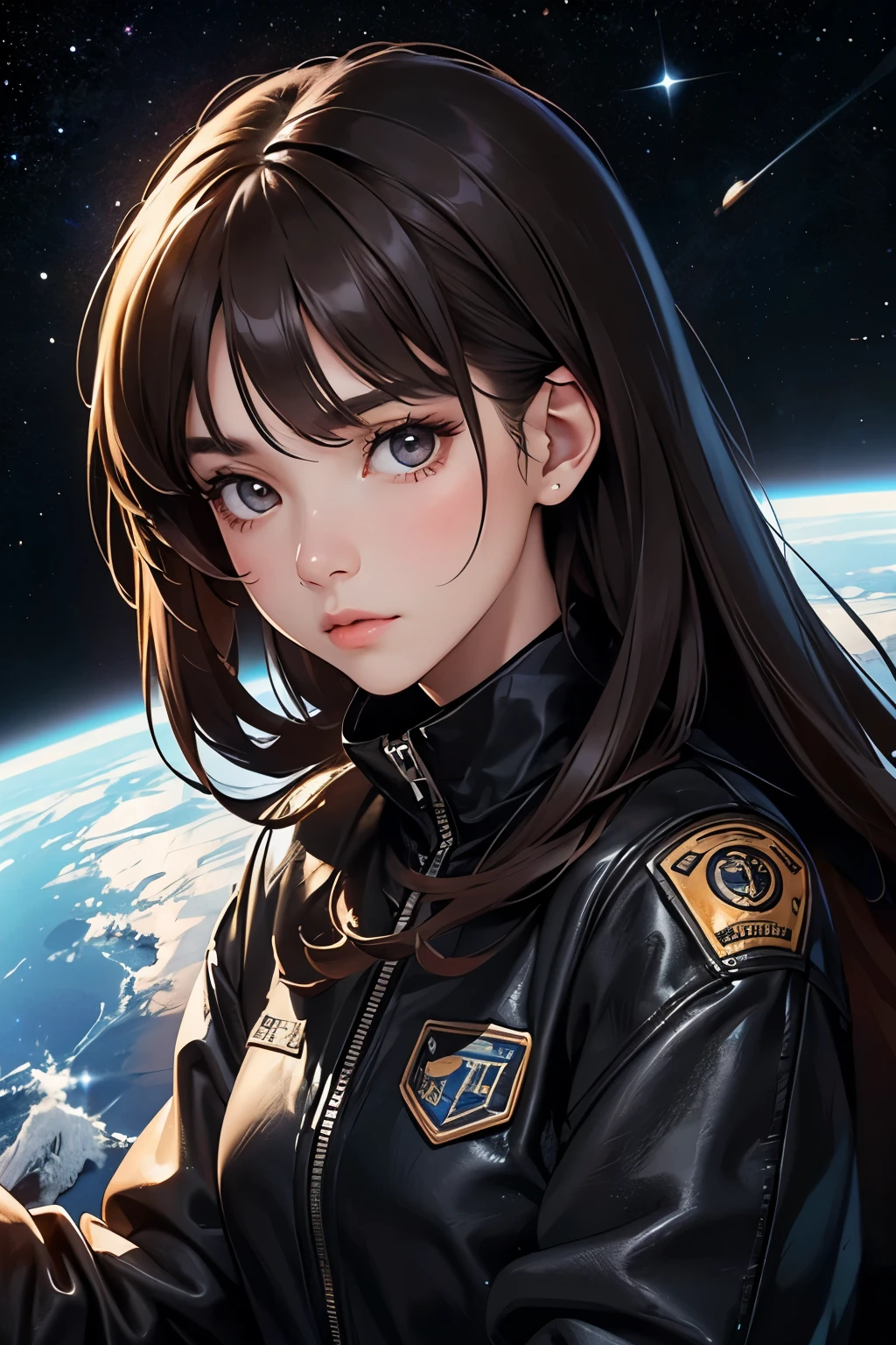Upper body close-up image。One beautiful woman。Dark brown hair。18age。Detailed drawing of faces。She is looking defiantly at the camera。She is wearing a jacket and black jeans.。Her background features images of outer space and parallel universes。