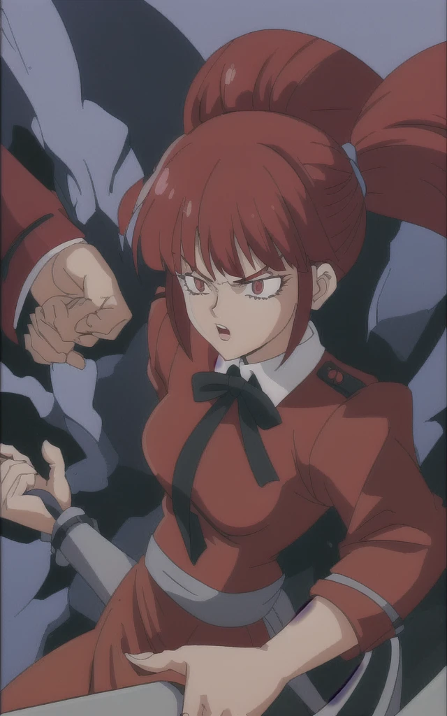 90s anime Evil business woman in a red skirt suit 