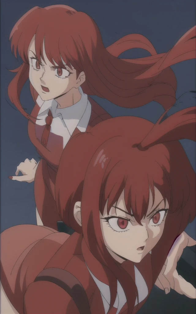 90s anime Evil business woman in a red skirt suit