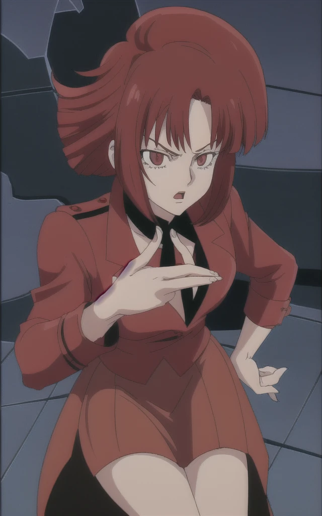 90s anime Evil business woman in a red skirt suit