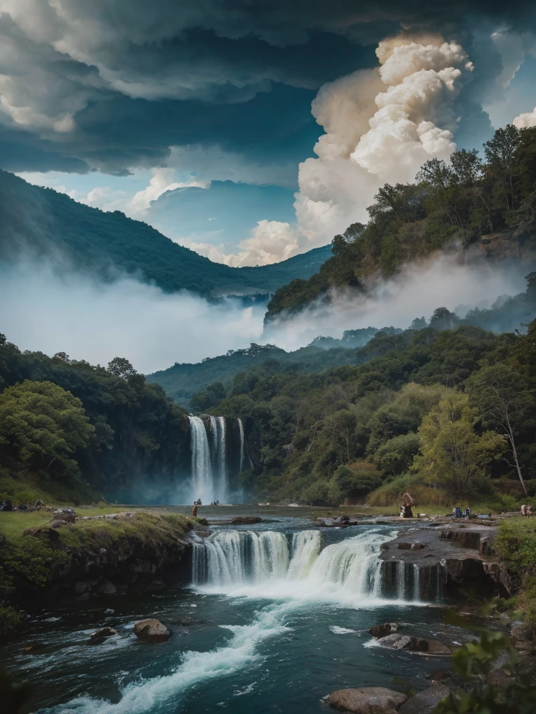 people swimming in a river near a waterfall in the woods, lakes and waterfalls, waterfalls and lakes, an endless waterfall, waterfalls in the background, with waterfalls, 2023, 2 0 2 3, incredibly beautiful, by Kristin Nelson, with trees and waterfalls, f4.5, multiple waterfalls, with waterfalls and river, ( visually stunning, arafed house in a field with a large plume of smoke coming out of it, thunderstorm and fire, photo epic of the year, winner of the year's best photo, houses on fire, amazing volcanic eruption, house on fire, explosive storm, during a storm, apocalyptic event, harrowing apocalyptic atmosphere, fire from sky, building on fire, national geographic photo”