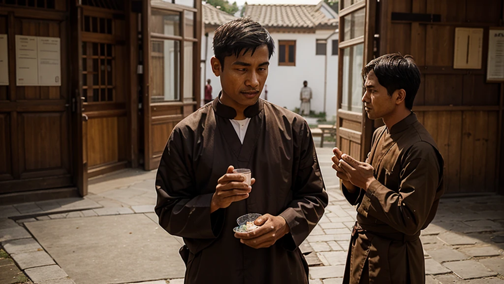 Picture of a man asking for blessings from monks