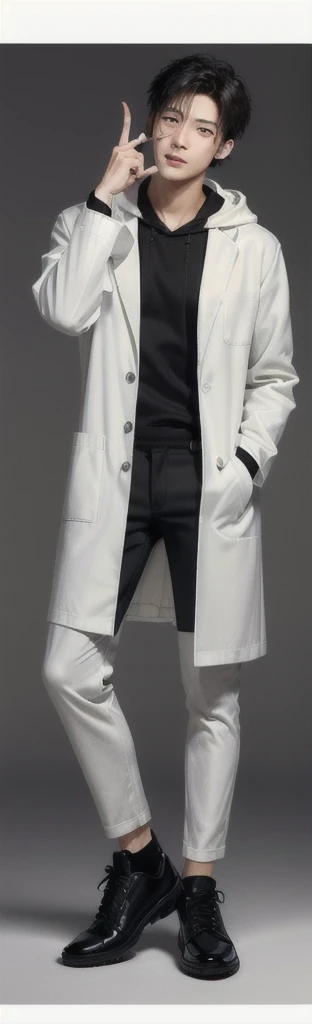 (photorealistic:1.2), (high detail face:1.3), (high detail hands:1.3), (anatomically correct hands:1.2), handsome young asian man, Japanese idol style, short clean-cut hair, ((center part)), (crisp white lab coat:1.3), ((black hoodie underneath:1.2)), (black pants:1.2), (black shoes:1.2), calm confident expression, (holding a product in right hand:1.3), (pointing with left index finger:1.3), explaining pose, plain white background, mid-shot portrait, full body view, high quality, detailed, 8K, (realistic skin texture:1.2), (sharp focus:1.1), (contrast between white coat and black clothing:1.2)
