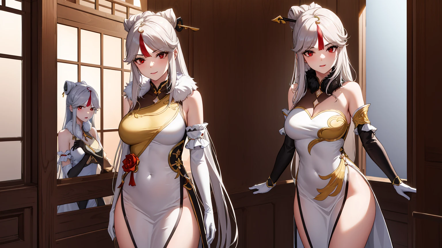 ((5women:1.5)),milf,ningguang, ningguang, grey hair, hair ornament, hairpin, long hair, parted bangs, (red eyes:1.5), sidelocks, streaked hair, red hair, smile,medium breast,
BREAK bare shoulders, black gloves, chinese clothes, claw ring, detached sleeves, dress, elbow gloves, frilled sleeves, frills, fur collar, gloves, jewelry, pelvic curtain, sleeveless, sleeveless dress, white dress,
BREAK looking at viewer, full body, (cowboy shot:1.5),
BREAK indoors,
BREAK (masterpiece:1.2), best quality, high resolution, unity 8k wallpaper,NSFW ,(illustration:0.8), (beautiful detailed eyes:1.6), extremely detailed face, perfect lighting, extremely detailed CG, (perfect hands, perfect anatomy),