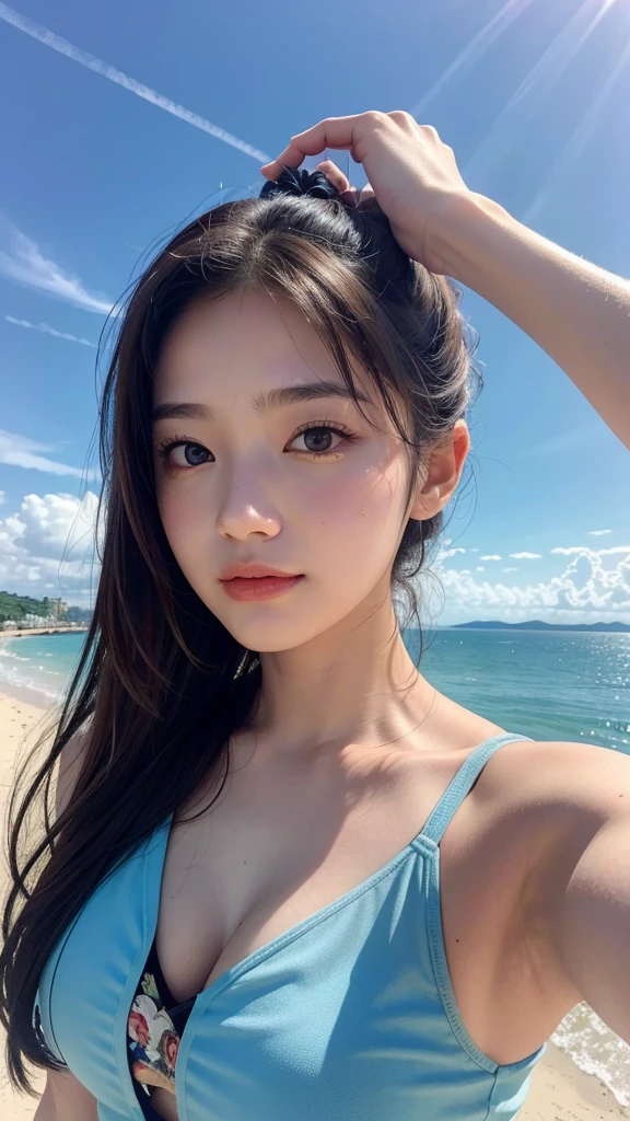 Best quality, masterpiece, super high resolution, (realistic: 1.4), original photo, wallpaper, head photo, skin, simple background, black eyes, detail, selfie, 1 girl, 18 years old, breeze, sunshine, blue sky, seaside