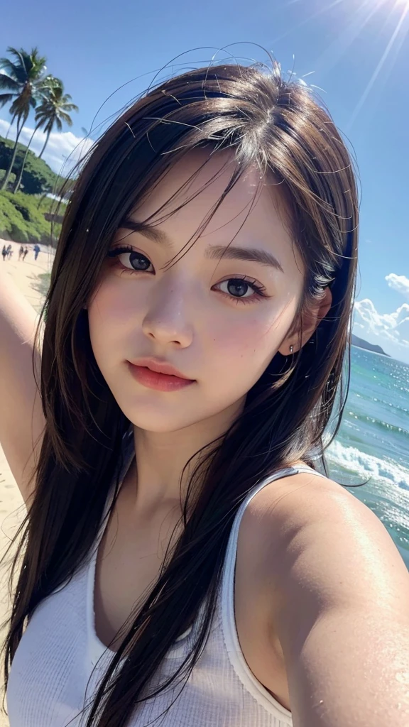 Best quality, masterpiece, super high resolution, (realistic: 1.4), original photo, wallpaper, head photo, skin, simple background, black eyes, detail, selfie, 1 girl, 18 years old, breeze, sunshine, blue sky, seaside