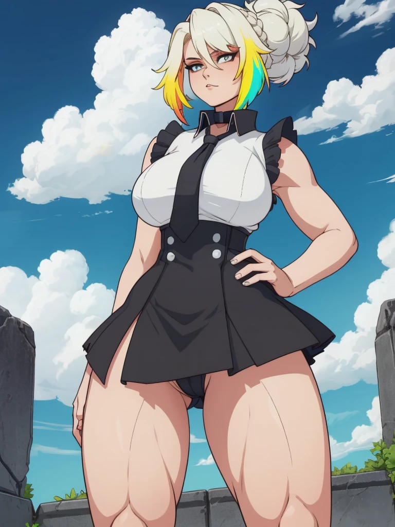 Pretty girl, blonde hair in bun, cute, black japanese uniform, black shirt, black collar, with tie, faccing viwer, looking at viwer, ((skinny hips)), atlethic arms, ((toned legs)), ((thighs on frame)), toned, (muscular female), (large breasts:1.2), curvy BREAK, ((short black skirt)), ((sleeveless)), ((bare thighs)), faccing viwer, cute face, (((vibrant colors:1.2), vivid BREAK intricate details, (masterpiece:1.3), (best quality:1.3), (perfect anatomy:1.4) BREAK, (beautiful white clouds:1.3), puffy clouds, white sky)), sulcate, cell shading, simple shading, clean lineart