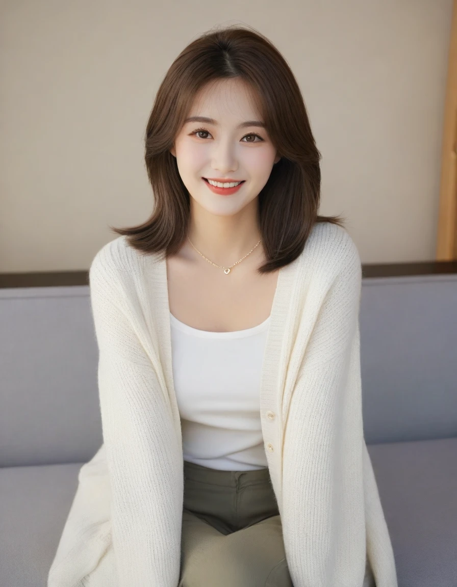 Beautiful Korean Woman , 32 inch chest size, Your eyes are big and pretty. Wearing a cardigan with a blouse, casual pants, short medium hair, Smile. necklace, sit on the sofa , coffee on the table, uhd