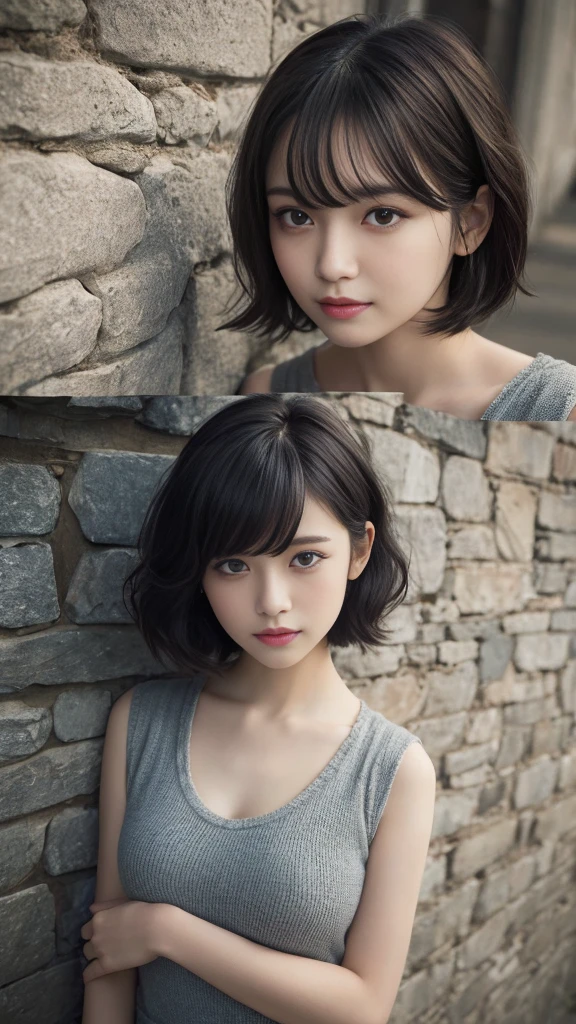 Angle from directly above,dynamic pose,(Highest quality, Very detailed, masterpiece:1.2), 1 women, Very thin body, length, Thin legs, ((Black wavy short layered cut hair hair:1.2)), ((Thick and fluffy bangs)), Very detailedな顔,A faint smile, small, Thin Nose, small thin mouth, Extremely sharply focused eyes, Japanese, Beautiful Face, Realistic eyes, Beautiful and beautiful eyes, Realistic Skin, Beautiful Skin, charm, (A vivid face), Beautiful Hairstyles,((Over Size Tシャツ)), High resolution, Vibrant color palette, Mysterious and mysterious stone wall, Amazing place,Characteristic dark shadows and strange details,
