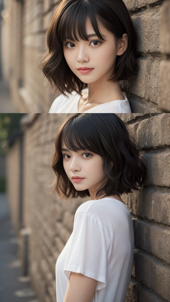 Angle from directly above,dynamic pose,(Highest quality, Very detailed, masterpiece:1.2), 1 women, Very thin body, length, Thin legs, ((Black wavy short layered cut hair hair:1.2)), ((Thick and fluffy bangs)), Very detailedな顔,A faint smile, small, Thin Nose, small thin mouth, Extremely sharply focused eyes, Japanese, Beautiful Face, Realistic eyes, Beautiful and beautiful eyes, Realistic Skin, Beautiful Skin, charm, (A vivid face), Beautiful Hairstyles,((Over Size Tシャツ)), High resolution, Vibrant color palette, Mysterious and mysterious stone wall, Amazing place,Characteristic dark shadows and strange details,
