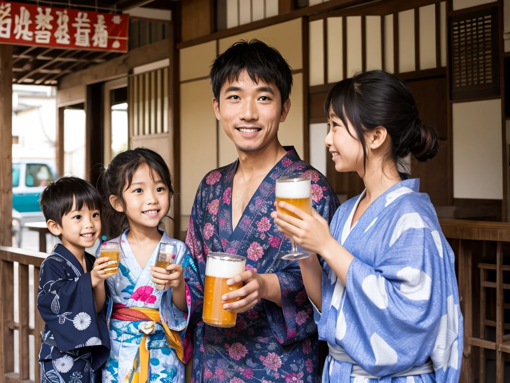 Yukata with children、Beer in hand