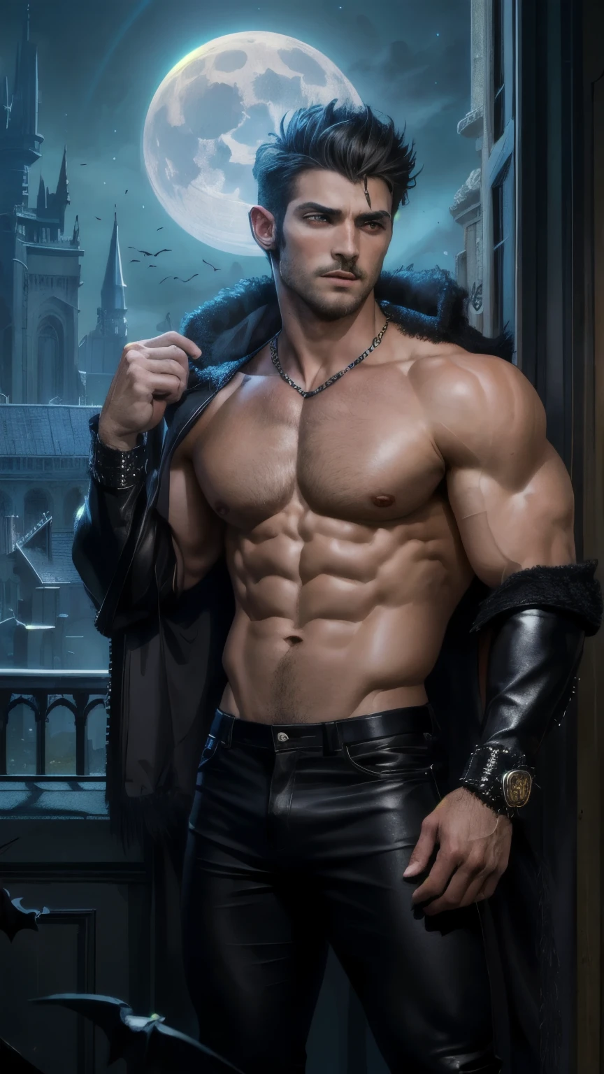 ((Best Quality)), ((Masterpiece)), (detailed), Perfect face, Male body, Perfect body, body, six pack, perfect abs, body entero, male face, rey, White suit, black fur, shirtless, elegant, arm muscle, Usando magic de rayo, Red eyes, black leather pants, Look straight, royalty costume, Vampire masculino, Vampire, vampire king, in the castle, lips, magic, Moonlight, midnight, flock of bats, supernatural.