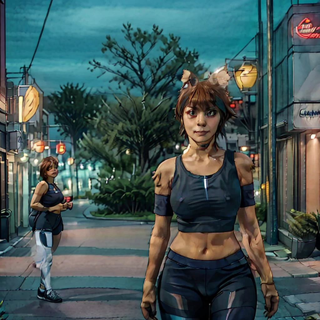 masterpiece, best quality, high quality, extremely detailed 32k unit an enchanting front view, A pretty 40 year old Blonde haired woman, she is standing out side Futuristic Building at night, she is wearing teal leggings and a crop top, her hair is Choppy Bob hair style, she looks beautiful in the glow of the street lights,(best quality ,photorealistic)