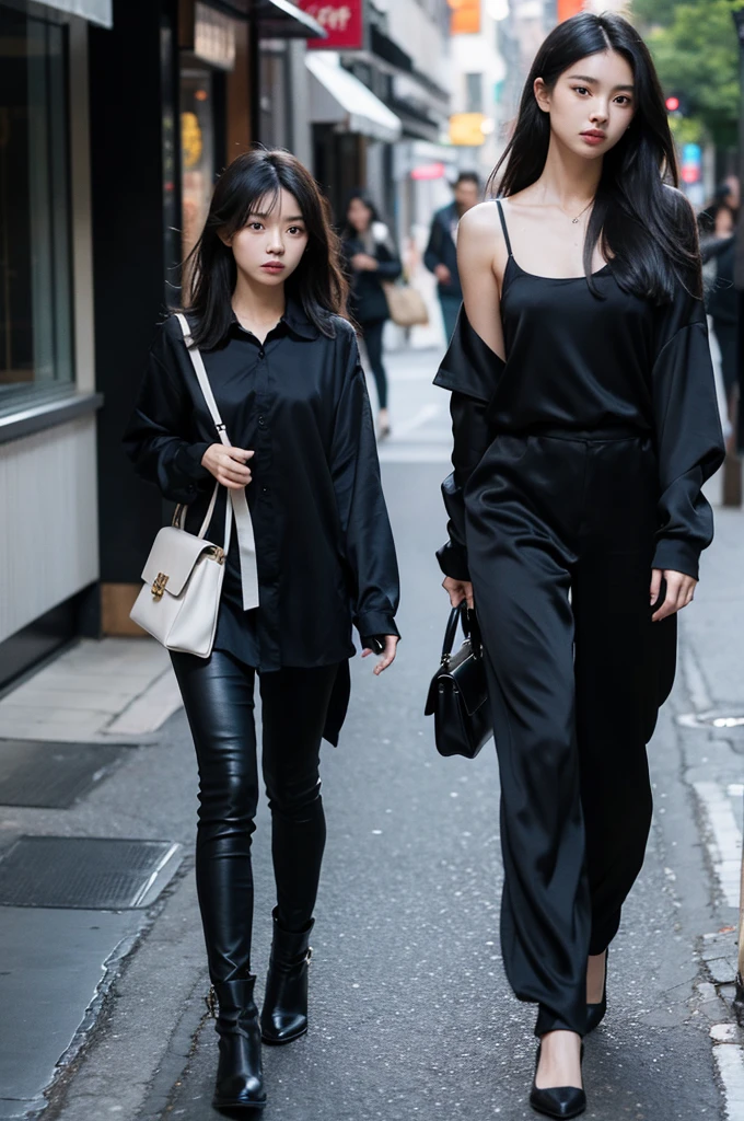 Black silk beauty walking on the street，Being