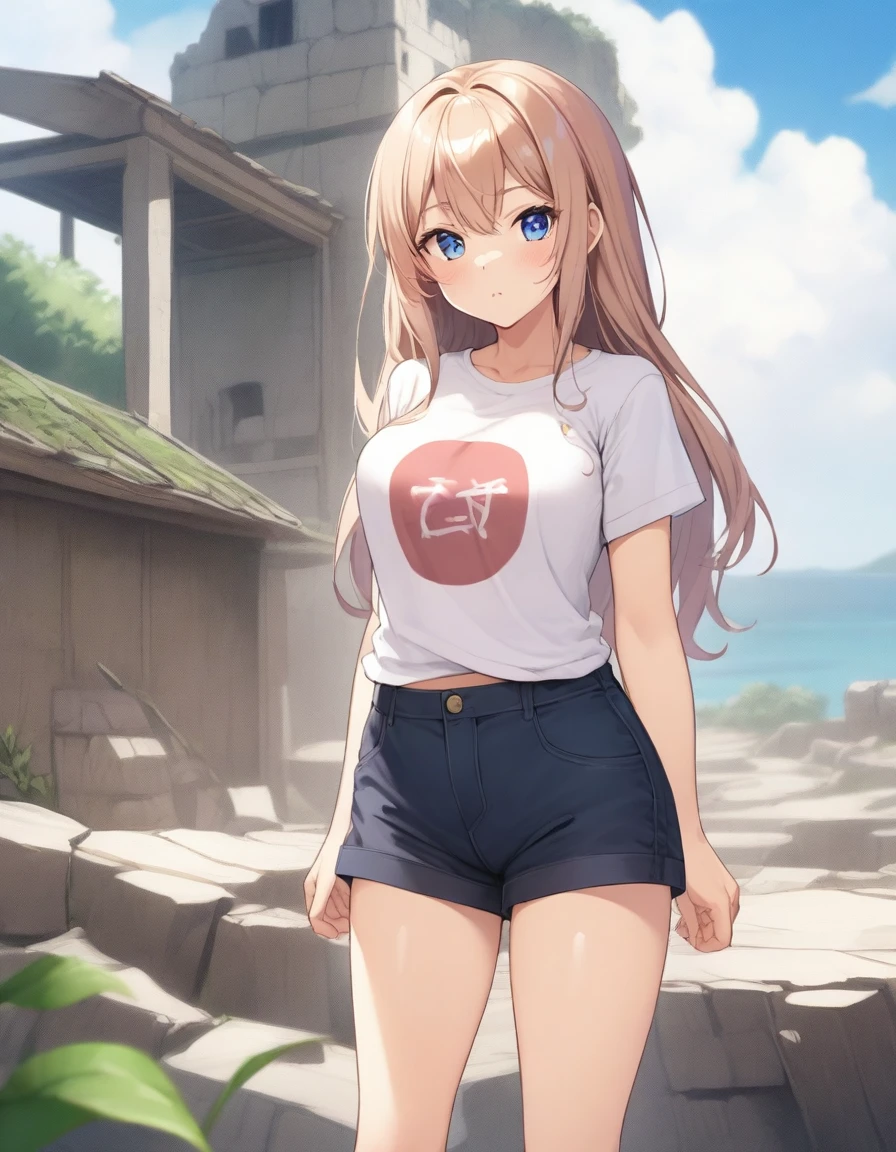 ((Highest quality、、masterpiece:1.3)), Upper Body、Long legs、Sharp focus:1.2, Beautiful woman with perfect figure:1.4、Big Breasts, (Smiling:1.2), double eyelid、30-year-old female、Sexy pose、((((Uninhabited island、ruins、Close your mouth、Standing woman、T-Shirts、Shorts、Sandals:1.5))))、Blue Eyes,
