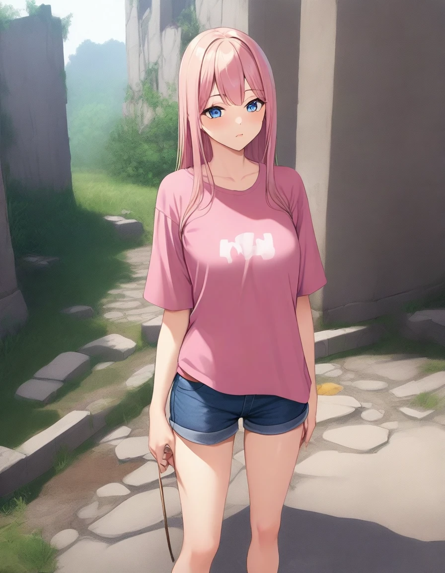 ((Highest quality、、masterpiece:1.3)), Upper Body、Long legs、Sharp focus:1.2, Beautiful woman with perfect figure:1.4、Big Breasts, (Smiling:1.2), double eyelid、30-year-old female、Sexy pose、((((Uninhabited island、ruins、Close your mouth、Standing woman、T-Shirts、Shorts、Sandals:1.5))))、Blue Eyes,