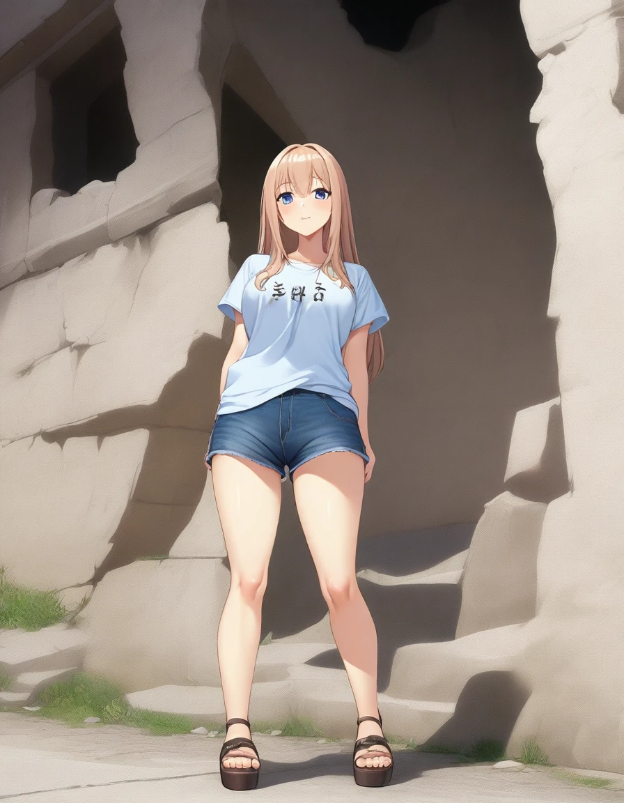 ((Highest quality、、masterpiece:1.3)), Upper Body、Long legs、Sharp focus:1.2, Beautiful woman with perfect figure:1.4、Big Breasts, (Smiling:1.2), double eyelid、30-year-old female、Sexy pose、((((Uninhabited island、ruins、Close your mouth、Standing woman、T-Shirts、Shorts、Sandals:1.5))))、Blue Eyes,