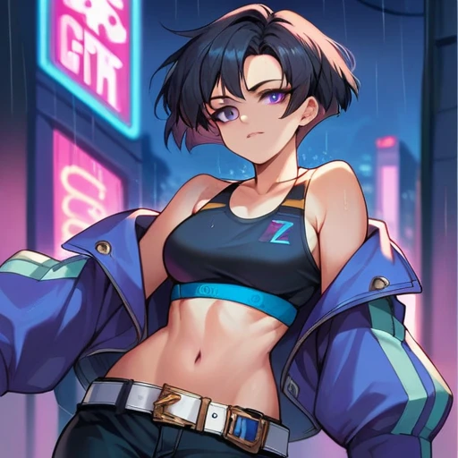 portrait, Bolivian Girl, Beautiful face, (Short smile:0.6), thick black hair, belt, sports bra, black jeans, round deep navel, cut off sleeves, grey eyes, thigh vent, open jacket, Cute, look at the viewer, night city, neon, rainy, zeta pixel image