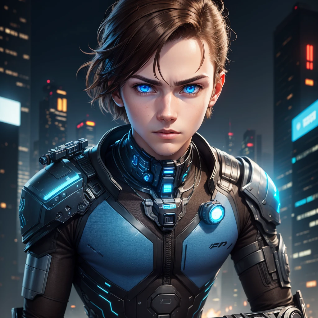 Boy, bionic arm, Cyberpunk, Brown hair, blue eyes, futuristic city, Very detailed, high resolution
