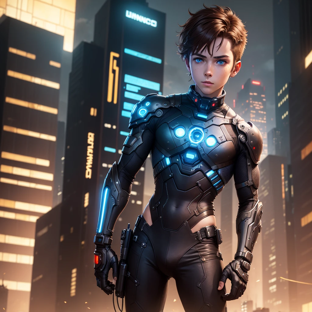 Boy, bionic arm, Cyberpunk, Brown hair, blue eyes, futuristic city, Very detailed, high resolution