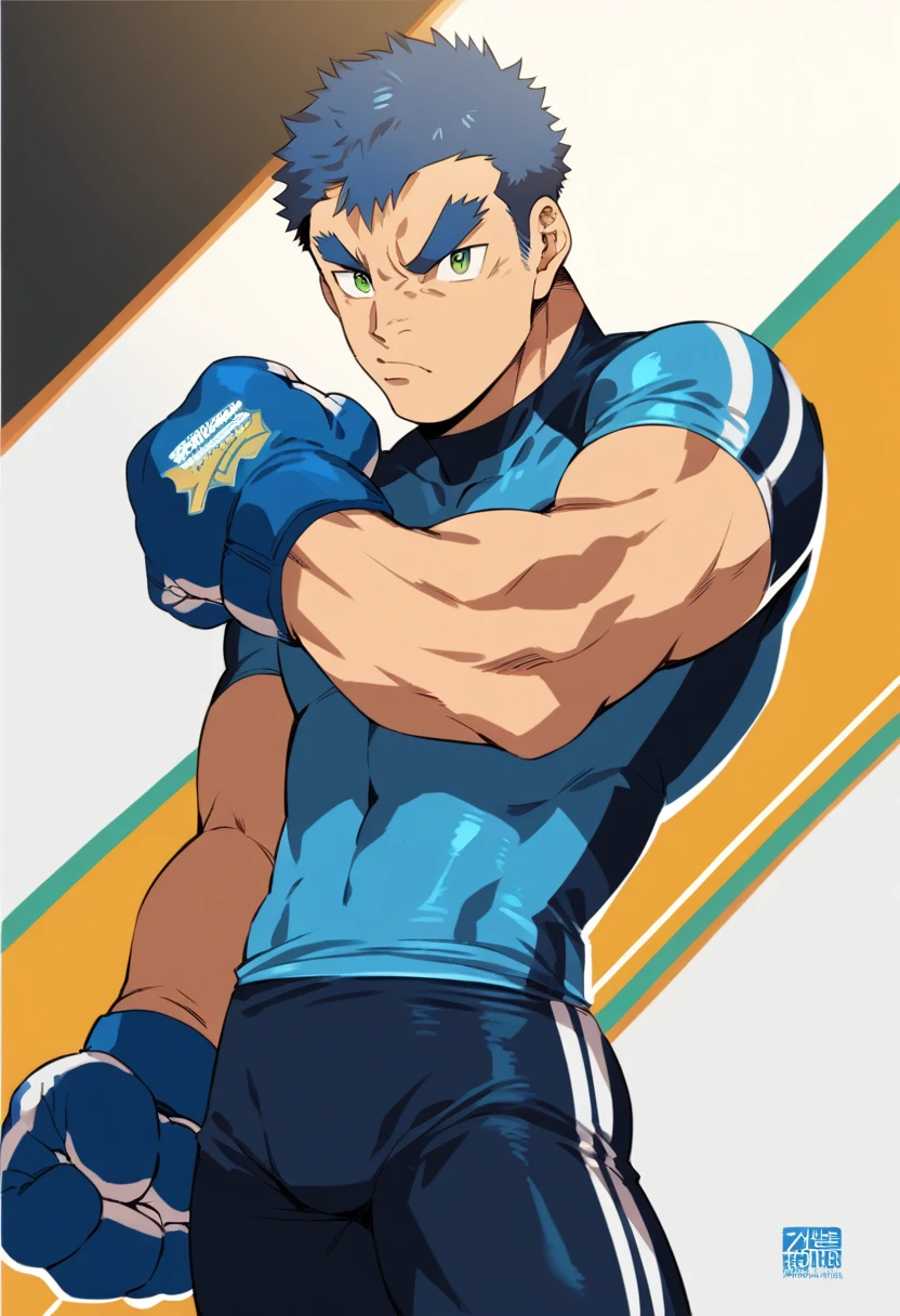 20 year old man, rough appearance, masculine, muscular, MMA fighter, short shaved tousled blue hair, green eyes, wide eyebrows, whole body, tight blue compression shorts, shirtless, MMA gloves, anime style.