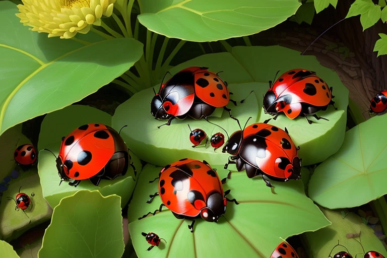 four ladybugs are sitting on a leaf in a garden, ladybugs, huge ladybug motherships, ladybug hobbits, ladybug robots, beetles, 🦩🪐🐞👩🏻🦳, ladybug, huge ladybug mothership, shy beetles, insects, glowing firebugs, tiny insects, portrait shot, stunning image, beautiful photo, beautiful image, bugs