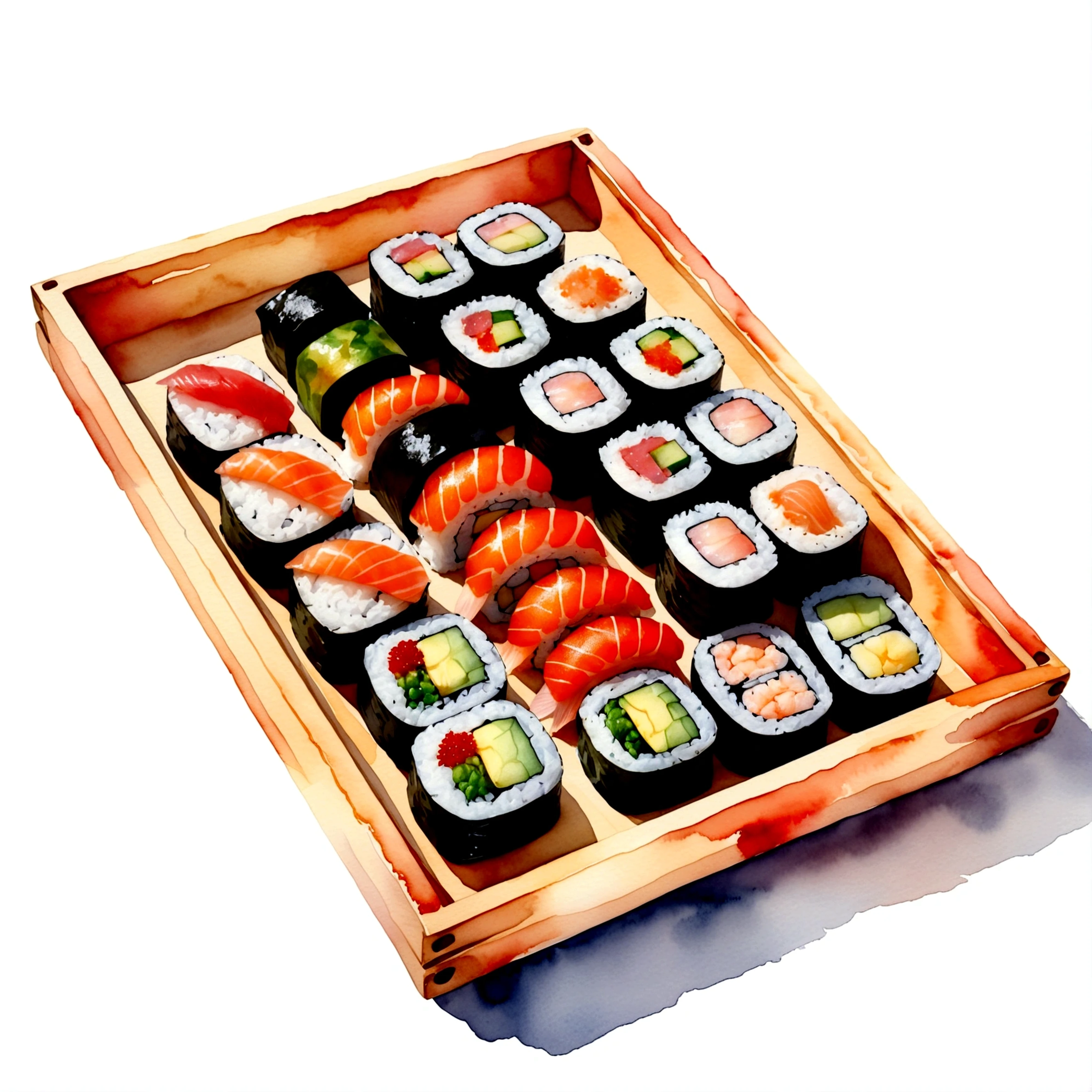 here are many different type delicious sushi, served in a wooden tray, the tray is full, illustration, isolated with solid white background, surrounded with negative space, centered compositon, 8k, highly detailed painting, very precise painting, Isolated, clear brilliant white background, perspective angle of view, vector clipart, washed out color ((lora:add-detail-xl:1)), (watercolor),