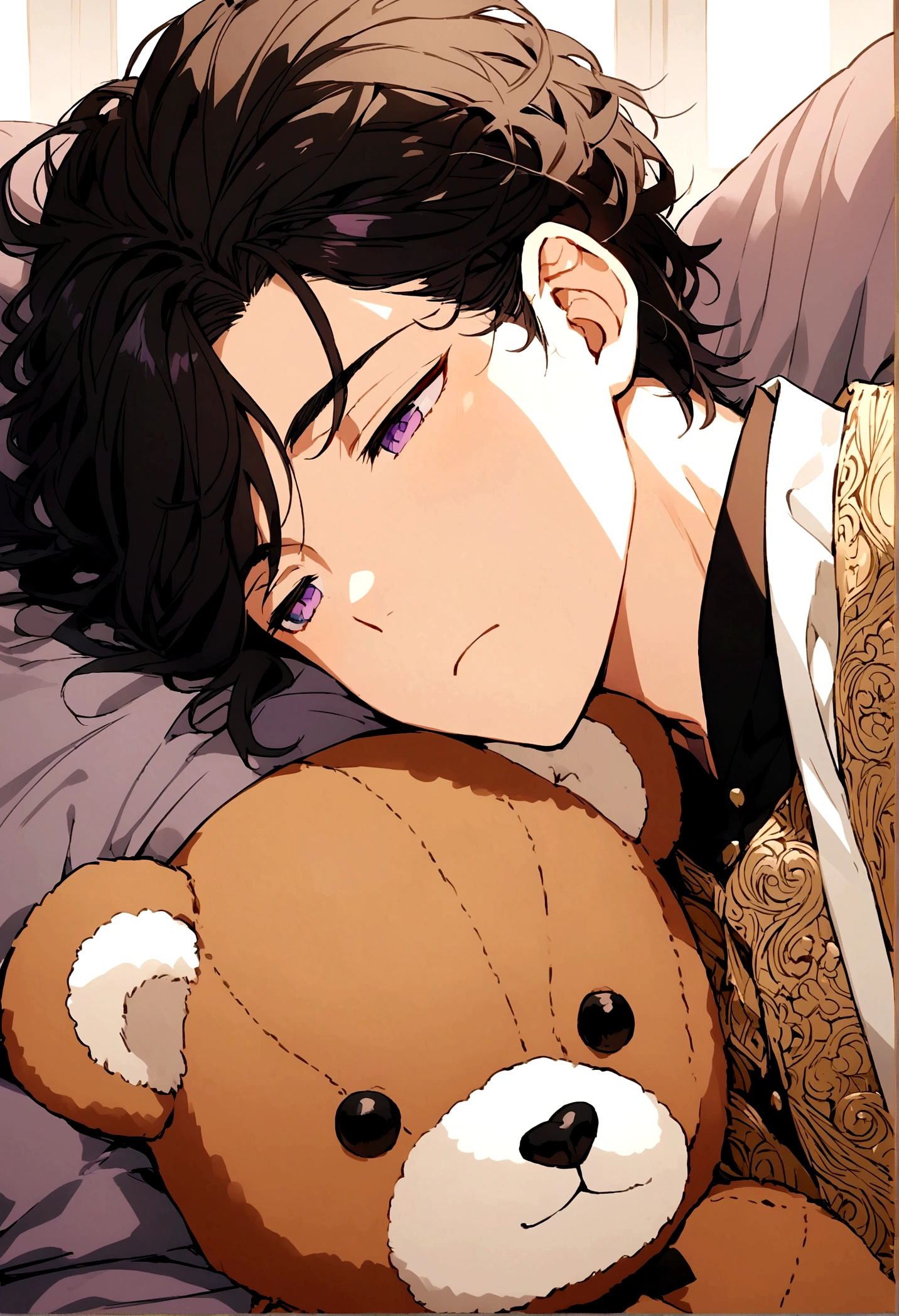 Anime boy with black hair and purple eyes sleeping with a teddy bear