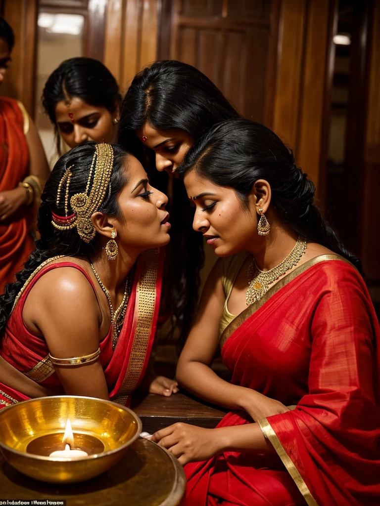 In a modern Indian office, two 75-year-old Indian boss ladies, draped in red sarees, sit at their boss table. They appear to be possessed by Kali, the fierce Hindu goddess, and are performing a Kali ritual. Their natural-colored, tailbone-length hair is slicked back with 10 liters of hair oil, making it shine and cling together in a single, flowing stream. As they shake their heads, their heavily oiled hair flips in unison, revealing their highly visible hairlines and scalps. Their tongues are provocatively extended as part of the ritual.
In front of them, two 40-year-old ladies, wearing blue sarees, observe the performance. These women also have tailbone-length, naturally curly hair, styled similarly with 10 liters of hair oil. As they watch the intense ritual, they engage in a passionate kiss, adding to the surreal and powerful atmosphere of the scene