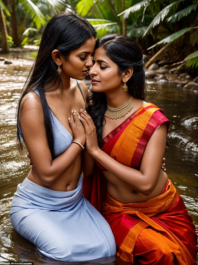 In a modern Indian office, two 75-year-old Indian boss ladies, draped in red sarees, sit at their boss table. They appear to be possessed by Kali, the Hindu goddess, and are performing a Kali ritual. Their natural-colored, tailbone-length hair is slicked back with 10 liters of hair oil, making it shine and cling together in a single, flowing stream. As they shake their heads, their heavily oiled hair flips nison, revealing their highly visible hairlines and scalps. Their tongues are provocatively extended as part of the ritual.
In front of them, two 40-year-old ladies, wearing blue sarees, observe the performance. These women also have tailbone-length, naturally curly hair, styled similarly with 10 liters of hair oil. As they watch the intense ritual, they engage in a passionate kiss, adding to the surreal and powerful atmosphere of the scene