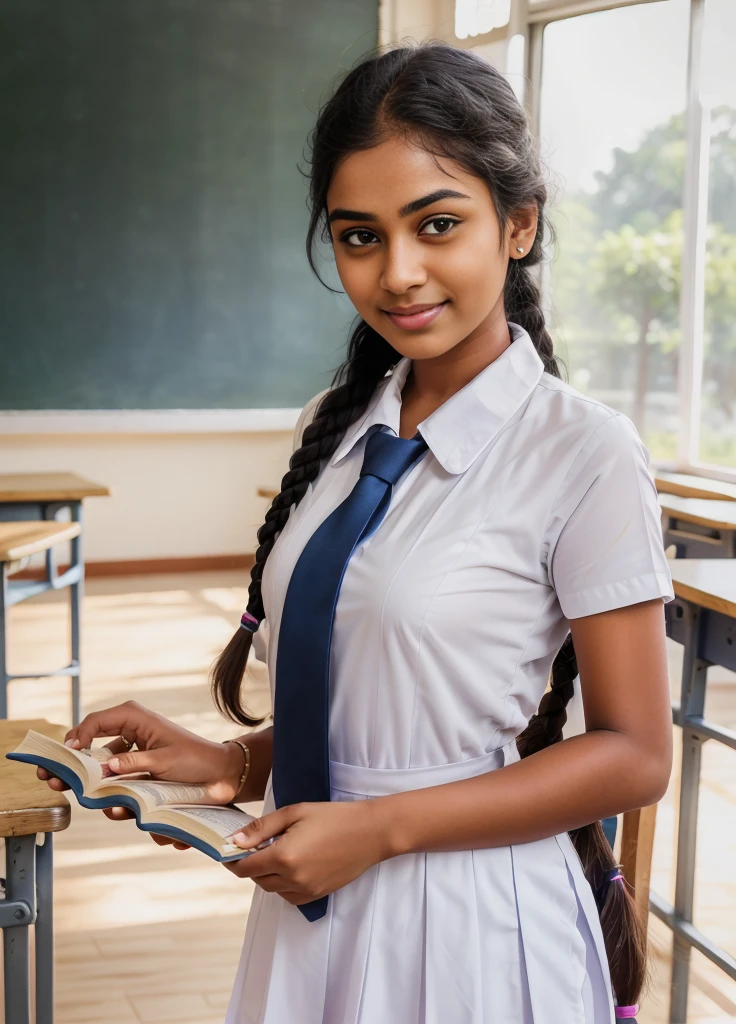 Srilankan school frock with pockets,putting hands in pockets pose,green and yellow striped tie,in the classroom,short sleeves pleated cotton midi frock,white frock,white shoes,both hands in side pockets pose,Raw photo ,1 girl , Sri lanka neat college girl, photorealistic, detail, skin texture, super detail, delicate and sexy collarbone, smile, super detailed face, detailed lips, detailed eyes, double eyelids,Wearing white frock and color tie, white shoes ,
(school uniform, braided hair ), sri lanka teen school girl, ((teen school girl studying in the classroom Reading book)),with plait , professional photographer, (hdr:1.4), masterpiece, ultra-realistic 8k, perfect artwork, cute face, award winning photograph, (Best quality, 8k, 32k, Masterpiece, UHD:1.3) ,Raw photo ,1 girl , Sri lanka neat college girl, photorealistic, detail, skin texture, super detail, delicate and sexy collarbone, smile, super detailed face, detailed lips, detailed eyes, double eyelids,Wearing white frock and color tie, white shoes ,
(school uniform, braided hair ), sri lanka teen school girl, ((teen school girl studying in the classroom Reading book)),with plait , professional photographer, (hdr:1.4), masterpiece, ultra-realistic 8k, perfect artwork,  cute face, award winning photograph, (Best quality, 8k, 32k, Masterpiece, UHD:1.3) ,