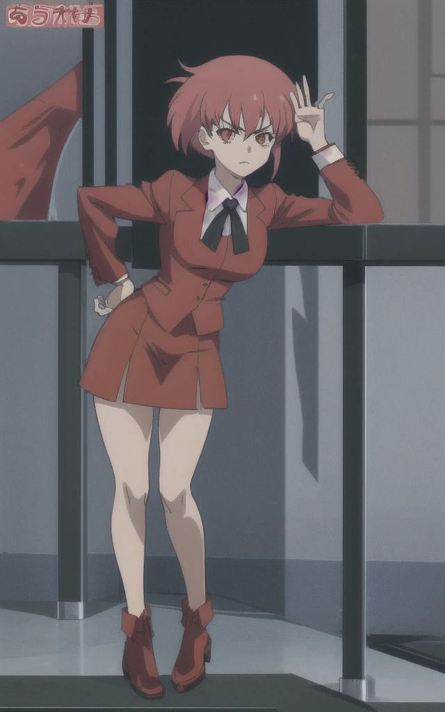 90s anime Evil business woman in a red skirt suit full body