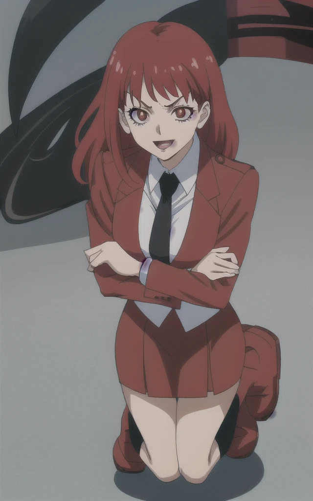 90s anime Evil business woman in a red skirt suit full body