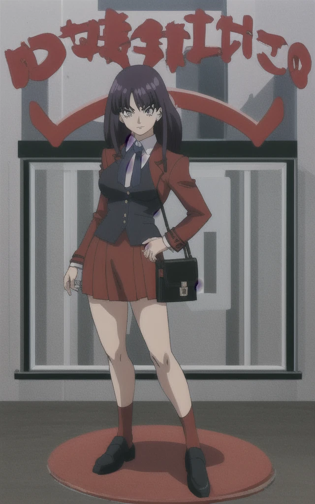 90s anime Evil business woman in a red skirt suit full body
