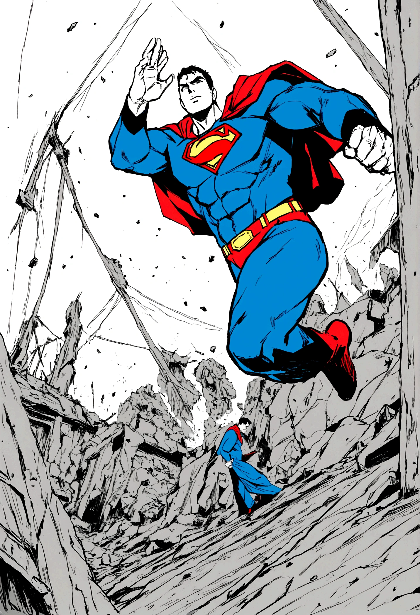 Superman in a scenario with destruction , Traditional clothing , Standard scenario , Images without distortion , Best quality overall , Raw work,Real