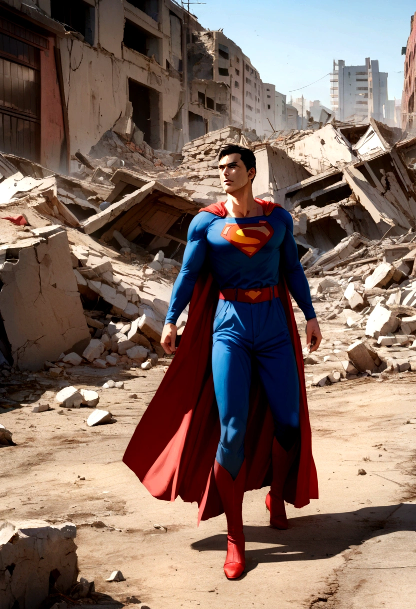 Superman in a scenario with destruction , Traditional clothing , Standard scenario , Images without distortion , Best quality overall , Raw work,Real