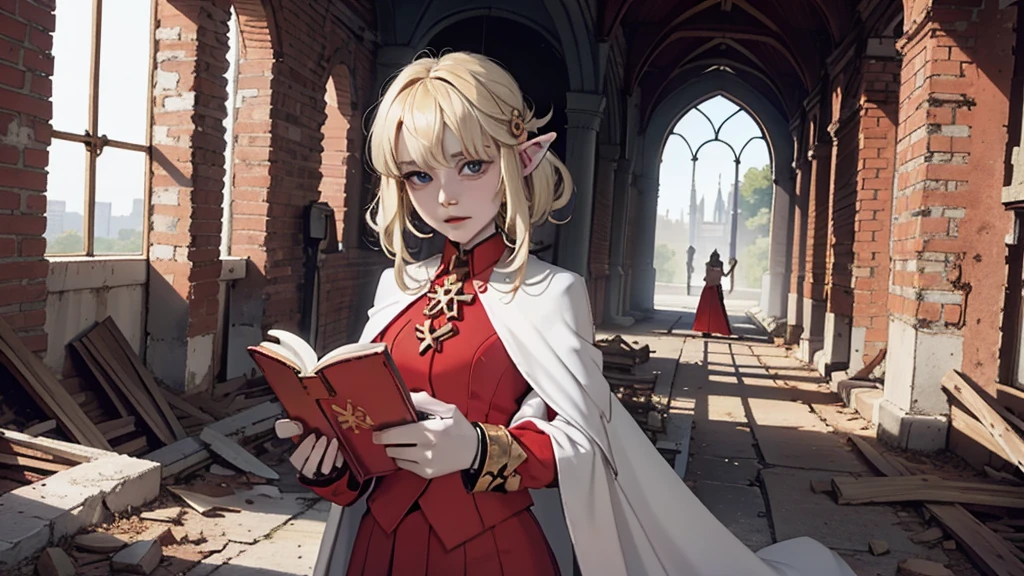 In ruins，Holding a red book，Elf girl ，Blonde hair，White Cape，cute