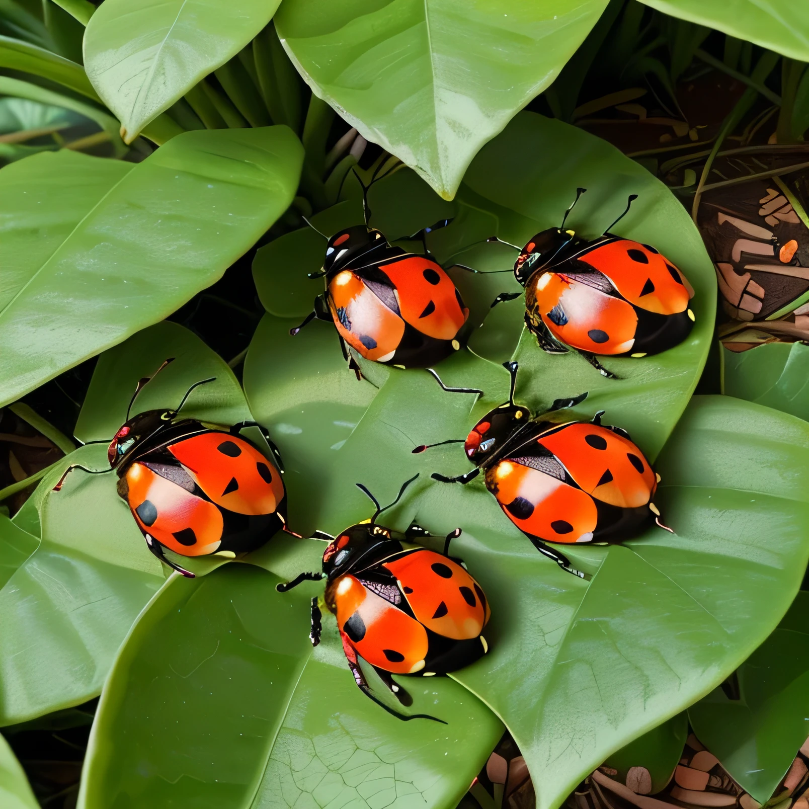 four ladybugs are sitting on a leaf in a garden, ladybugs, huge ladybug motherships, ladybug hobbits, ladybug robots, beetles, 🦩🪐🐞👩🏻🦳, ladybug, huge ladybug mothership, shy beetles, insects, glowing firebugs, tiny insects, portrait shot, stunning image, beautiful photo, beautiful image, bugs with yellow color