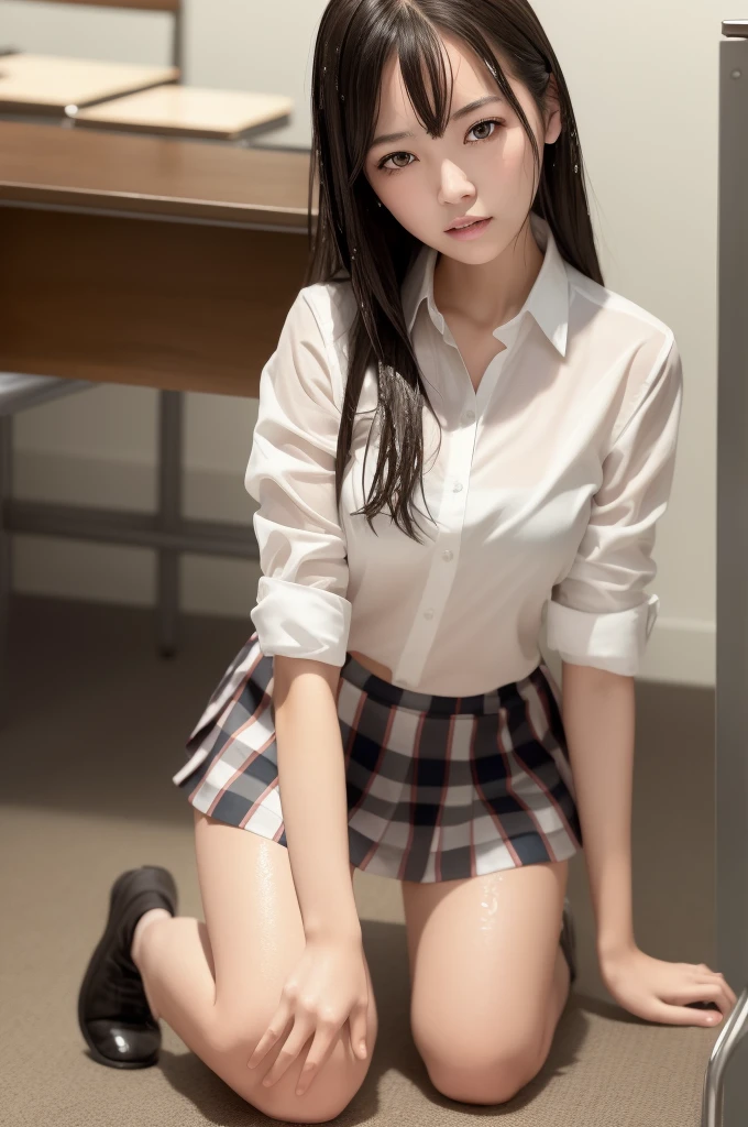 (masterpiece, best quality:1.2), a hyperrealistic , solo, 1girl, yukinoshita yukino, (shiny skin, wet skin:1.2), sweating, slight smile, looking at viewer, on all fours, , white shirt, plaid skirt, thighhighs, afternoon, classroom hyperrealistic 