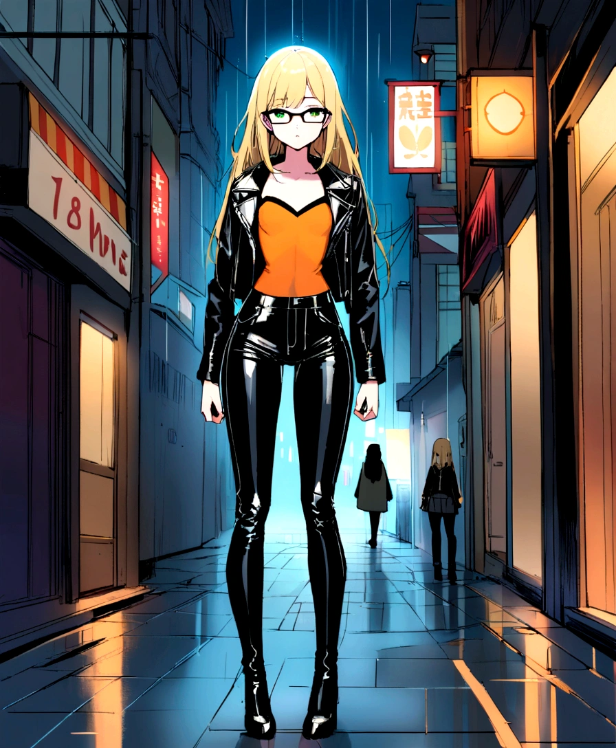 a beautiful girl, with long blonde hair, who wears black glasses, with wide hips, narrow waist, flat chest, pretty face, with green eyes, 18 years, perfect and glowing skin, wearing flared leather pants and a leather jacket, with an orange blouse, full body, That he is in a city at night and in the rain.