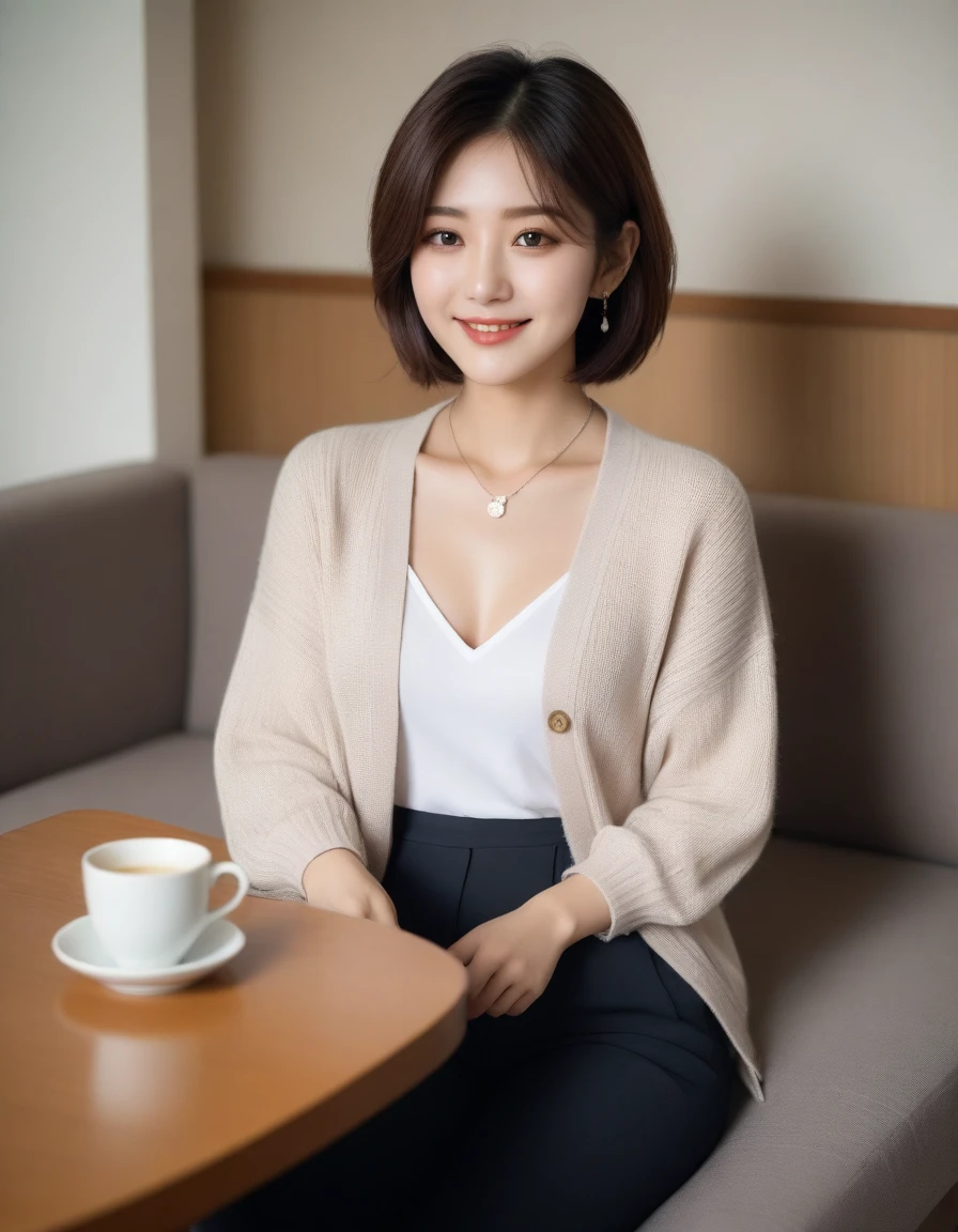 Beautiful Korean Woman , 32 inch chest size, Your eyes are big and pretty. Wearing a cardigan with a blouse, casual pants, short medium hair, Smile. necklace, sit on the sofa , coffee on the table, uhd