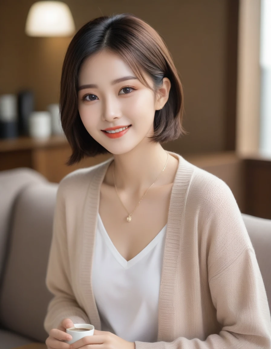 Beautiful Korean Woman , 32 inch chest size, Your eyes are big and pretty. Wearing a cardigan with a blouse, casual pants, short medium hair, Smile. necklace, sit on the sofa , coffee on the table, uhd