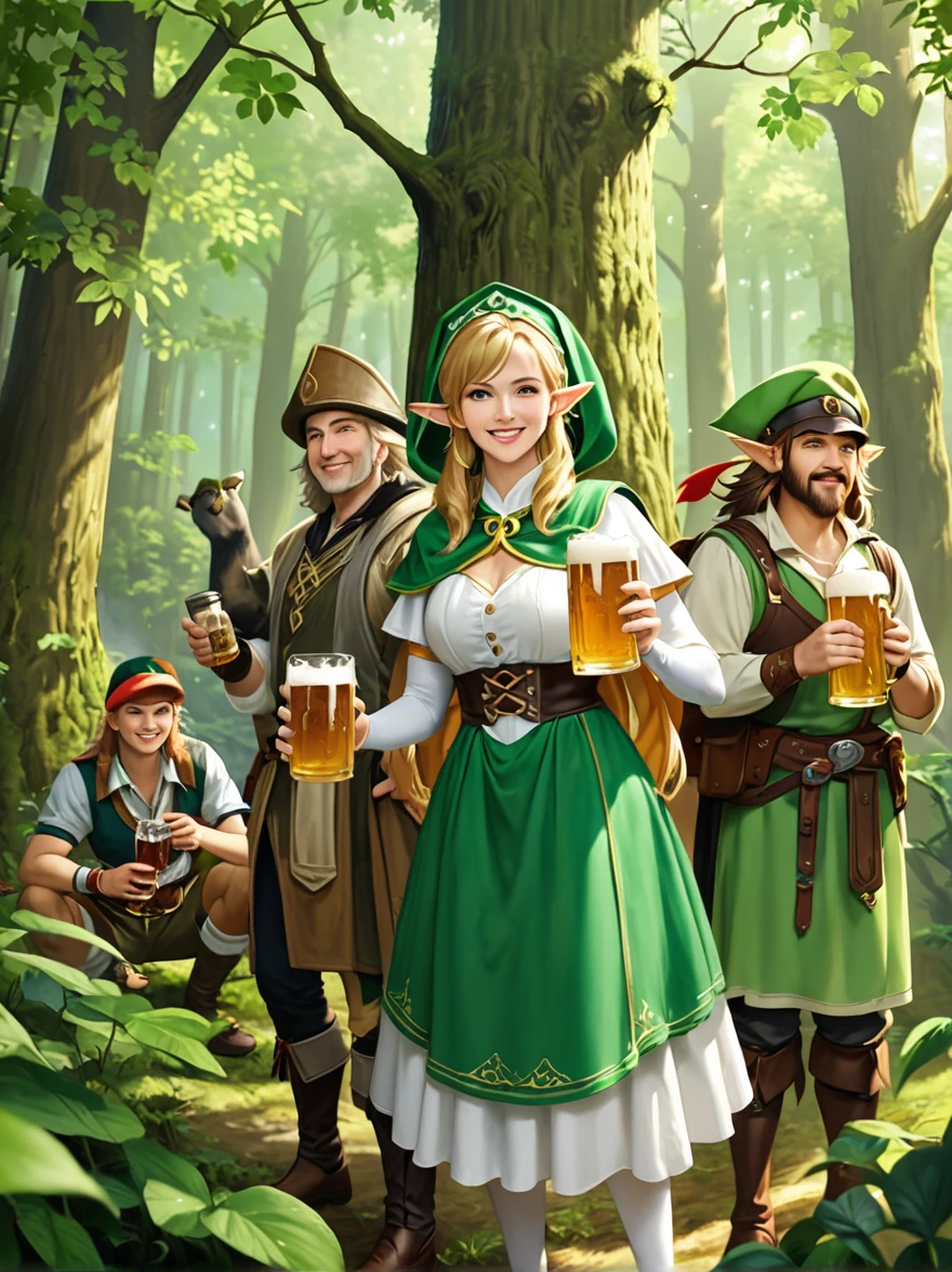 Still image in realistic art style，(Link Standing in the middle)，A group of happy The Legend of Zelda characters, (Male and female)Wearing various The Legend of Zelda game culture costumes，They hold beer mugs，Gathering in an ancient forest，There is food and drinks，Celebrate St. Patrick&#39;s Day，Shamrock，Perfect hands，Shooting from above，at night，Shallow depth of field，Vignette，Highly detailed，High Budget，Bokeh，Widescreen，Moody，epic，gorgeous，Film Grain，Graininess