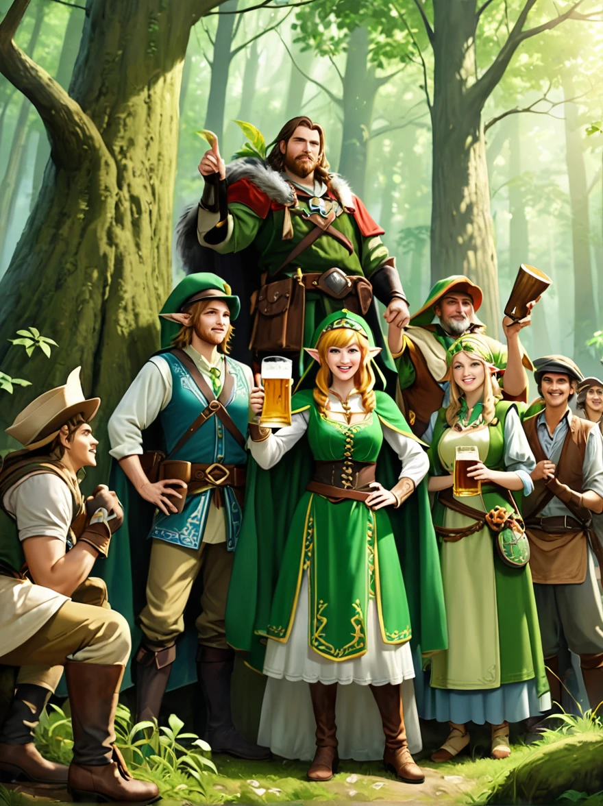 Still image in realistic art style，(Link Standing in the middle)，A group of happy The Legend of Zelda characters, (Male and female)Wearing various The Legend of Zelda game culture costumes，They hold beer mugs，Gathering in an ancient forest，There is food and drinks，Celebrate St. Patrick&#39;s Day，Shamrock，Perfect hands，Shooting from above，at night，Shallow depth of field，Vignette，Highly detailed，High Budget，Bokeh，Widescreen，Moody，epic，gorgeous，Film Grain，Graininess