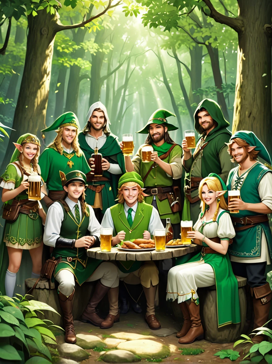 Still image in realistic art style，(Link Standing in the middle)，A group of happy The Legend of Zelda characters, (Male and female)Wearing various The Legend of Zelda game culture costumes，They hold beer mugs，Gathering in an ancient forest，There is food and drinks，Celebrate St. Patrick&#39;s Day，Shamrock，Perfect hands，Shooting from above，at night，Shallow depth of field，Vignette，Highly detailed，High Budget，Bokeh，Widescreen，Moody，epic，gorgeous，Film Grain，Graininess